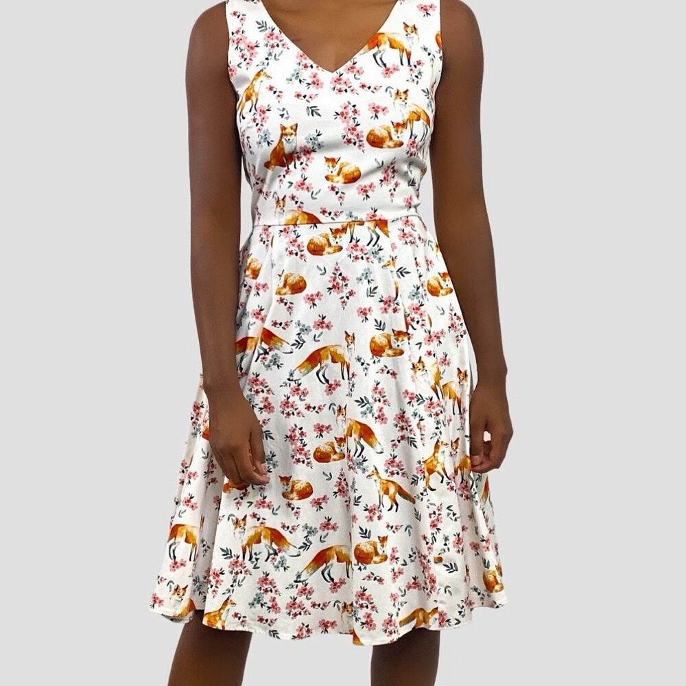 Eva Rose Fox and Floral Printed A-Line Dress Cream Floral Vintage Style Size S